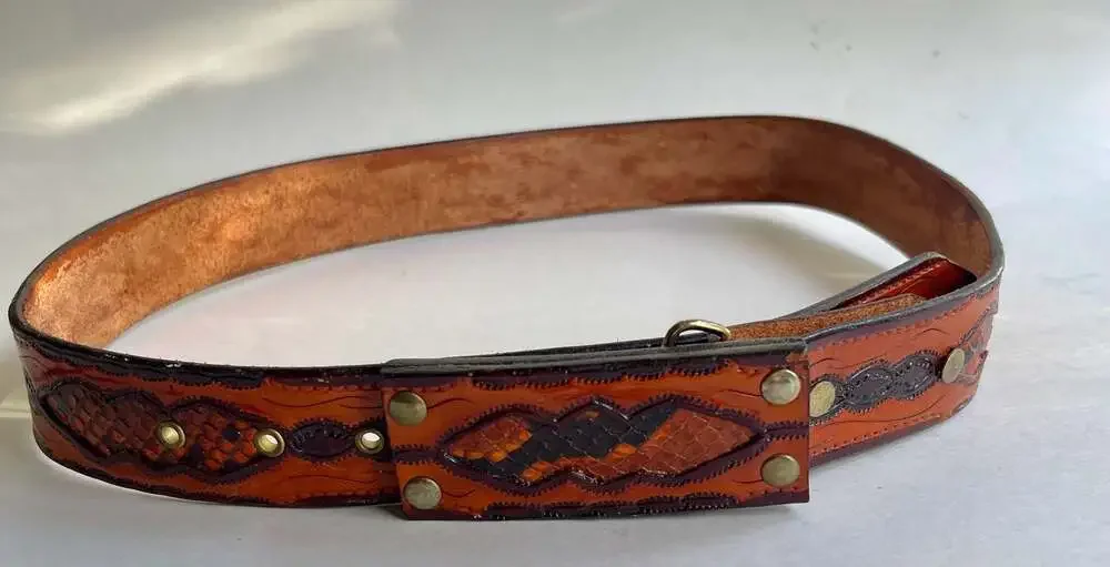 Vintage Western Tooled Leather Belt with Snakeskin Inlay 39 inch